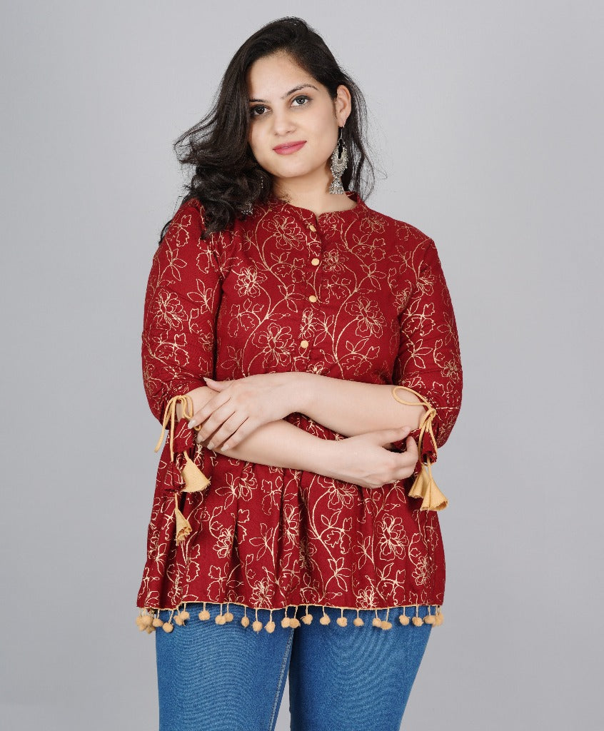 Rayon Maroon Printed Mandarin Collar Tunics Top Regular Wear For Womens