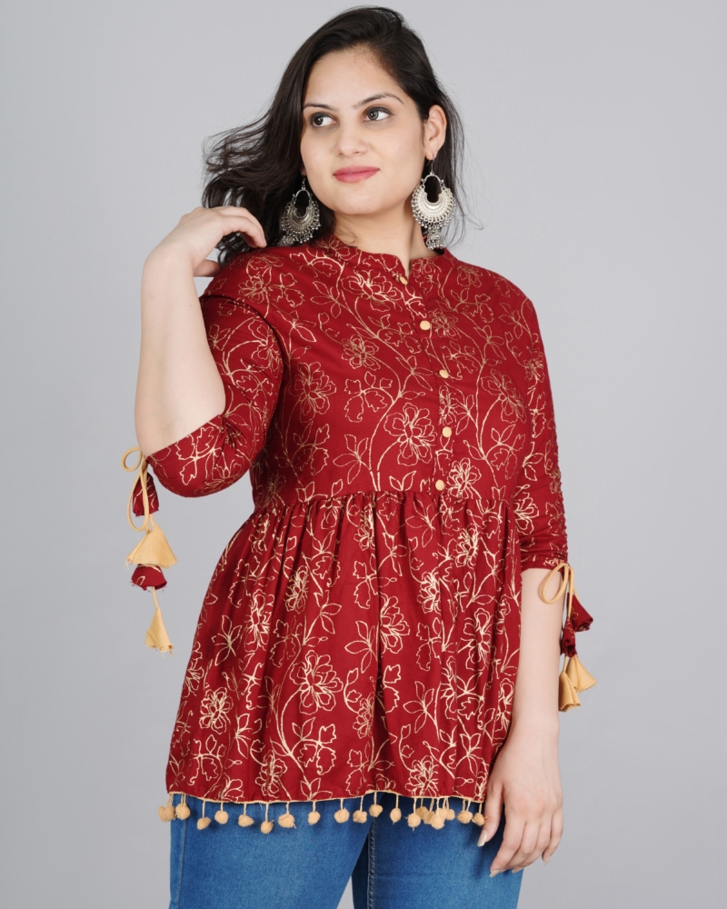 Rayon Maroon Printed Mandarin Collar Tunics Top Regular Wear For Womens - Image 4