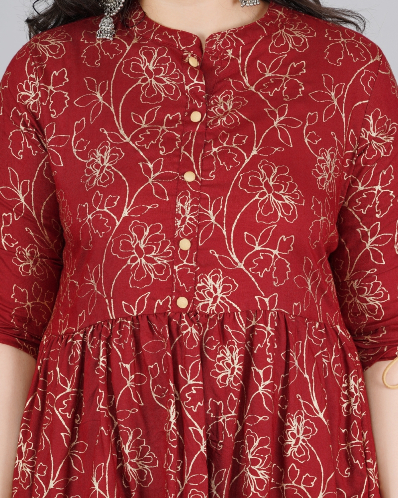 Rayon Maroon Printed Mandarin Collar Tunics Top Regular Wear For Womens - Image 6