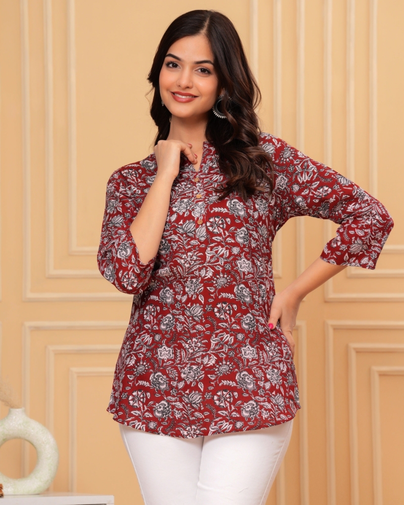 Red Cotton Straight Tunic Top - Image 3