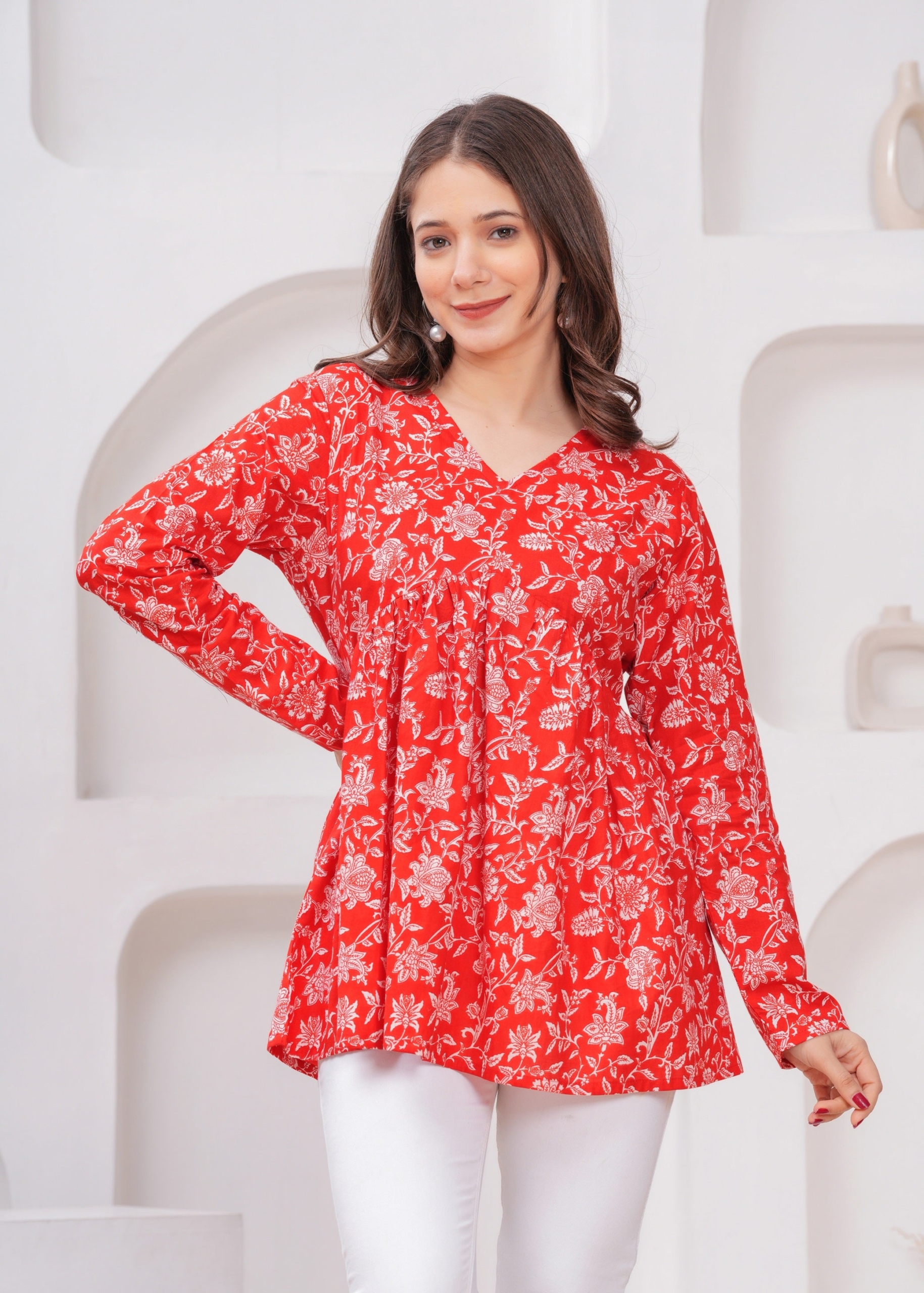 Bright Red Floral Printed full sleeves peplum top