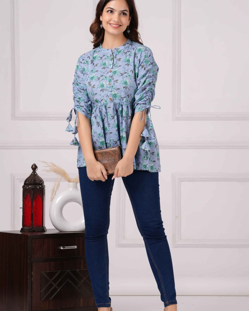 Pure Cotton Floral Printed Grey Peplum Top - Image 8