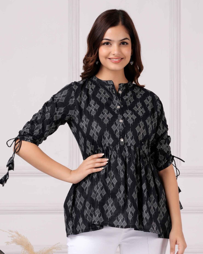 Pure Cotton Printed Black Peplum Top - Image 4