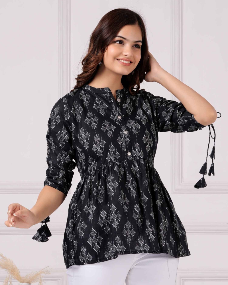 Pure Cotton Printed Black Peplum Top - Image 3