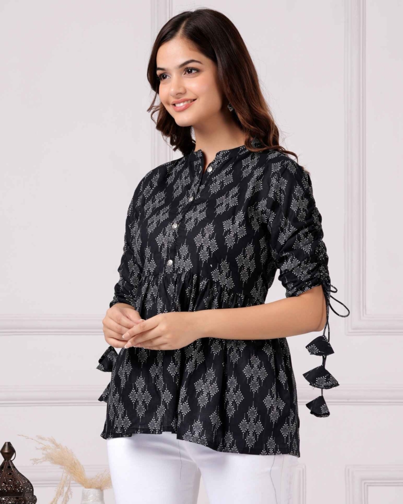 Pure Cotton Printed Black Peplum Top - Image 2