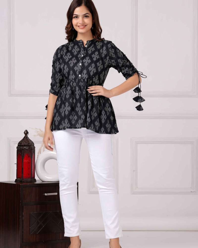 Pure Cotton Printed Black Peplum Top - Image 6