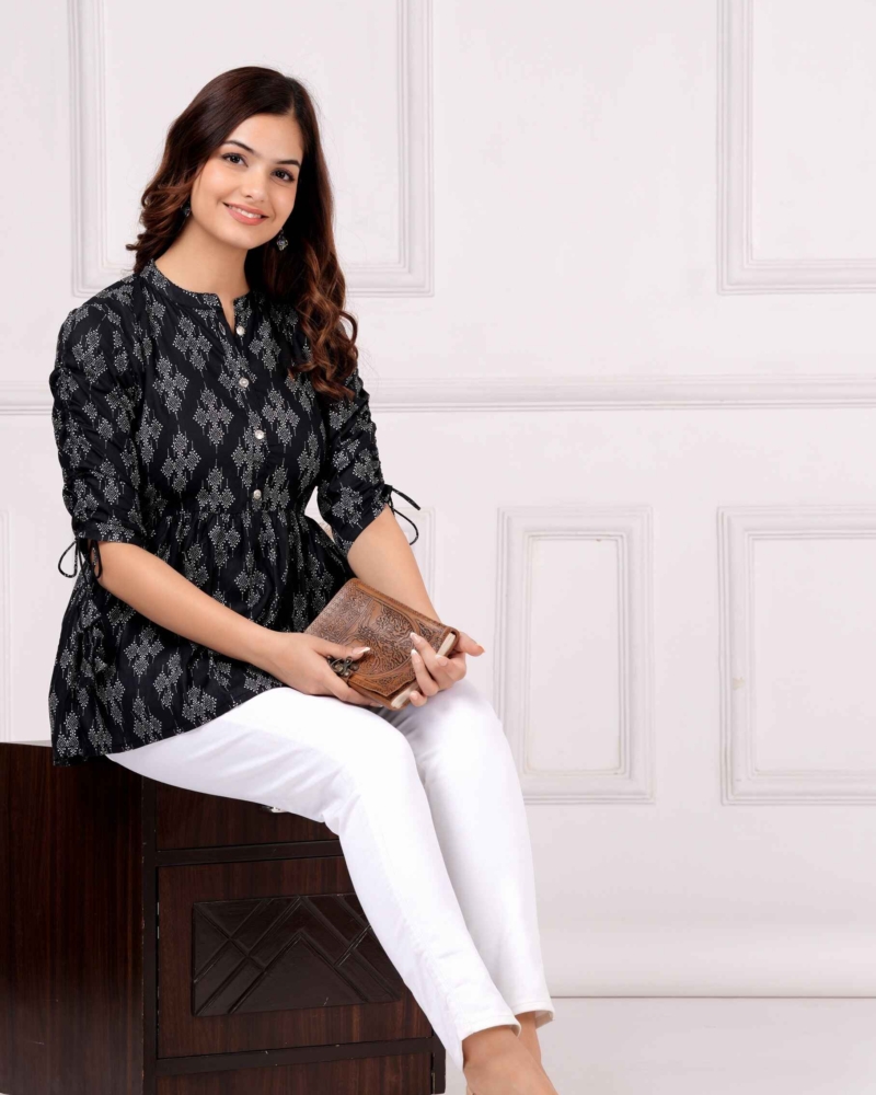 Pure Cotton Printed Black Peplum Top - Image 7