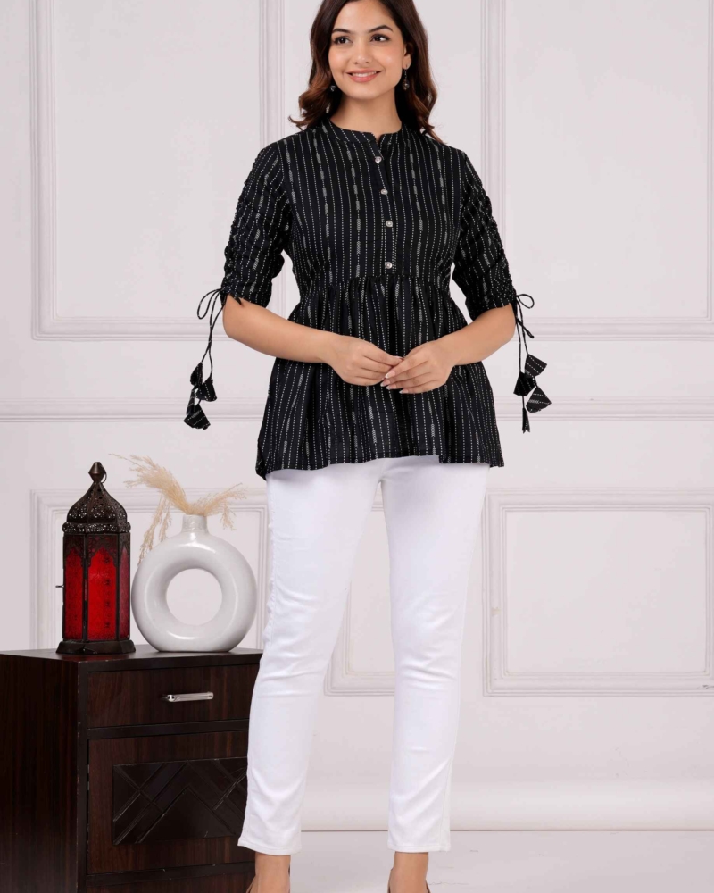 Pure Cotton Mandarin Neck Black Peplum Top - Image 5