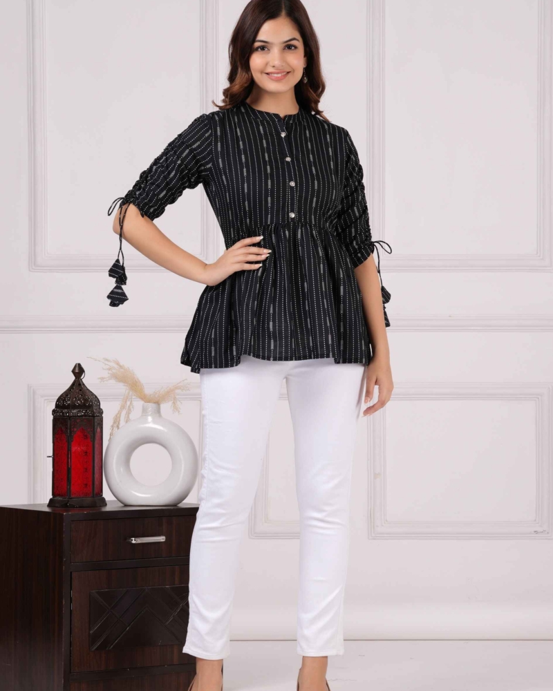 Pure Cotton Mandarin Neck Black Peplum Top - Image 6