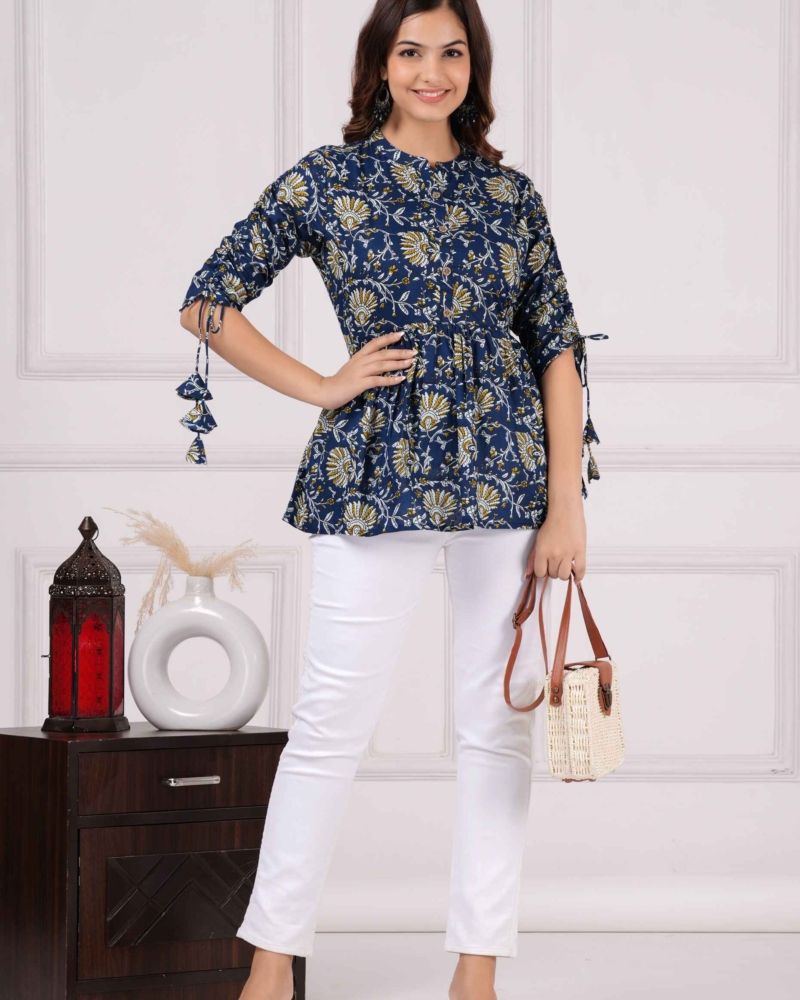 Pure Cotton Printed New York Blue Peplum Top - Image 7