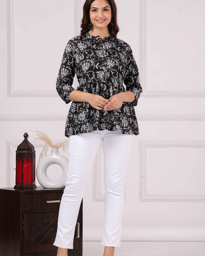 Pure Cotton Printed Black Peplum Top - Image 6