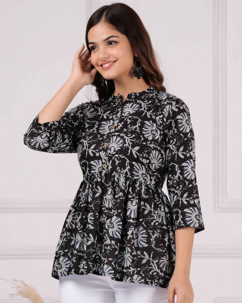 Pure Cotton Printed Black Peplum Top - Image 3