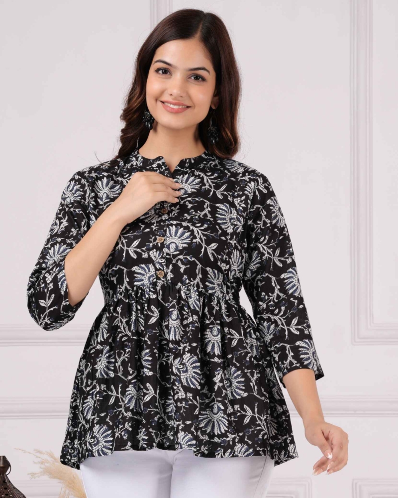 Pure Cotton Printed Black Peplum Top - Image 2