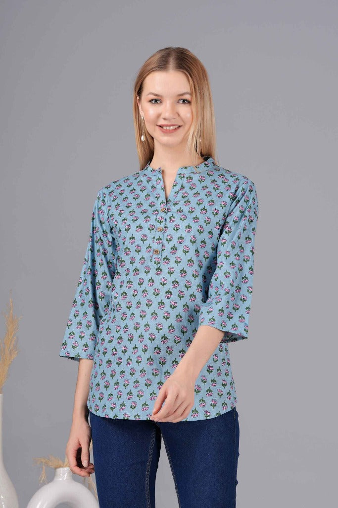 Ethnic Cotton Floral Printed Grey Straight Top