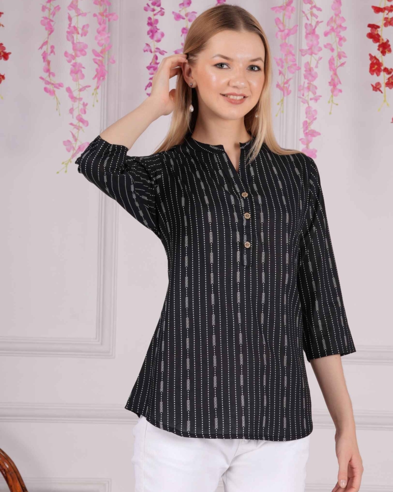 Women Black Cotton Print Breathable & Lightweight Ethnic Top - Image 2