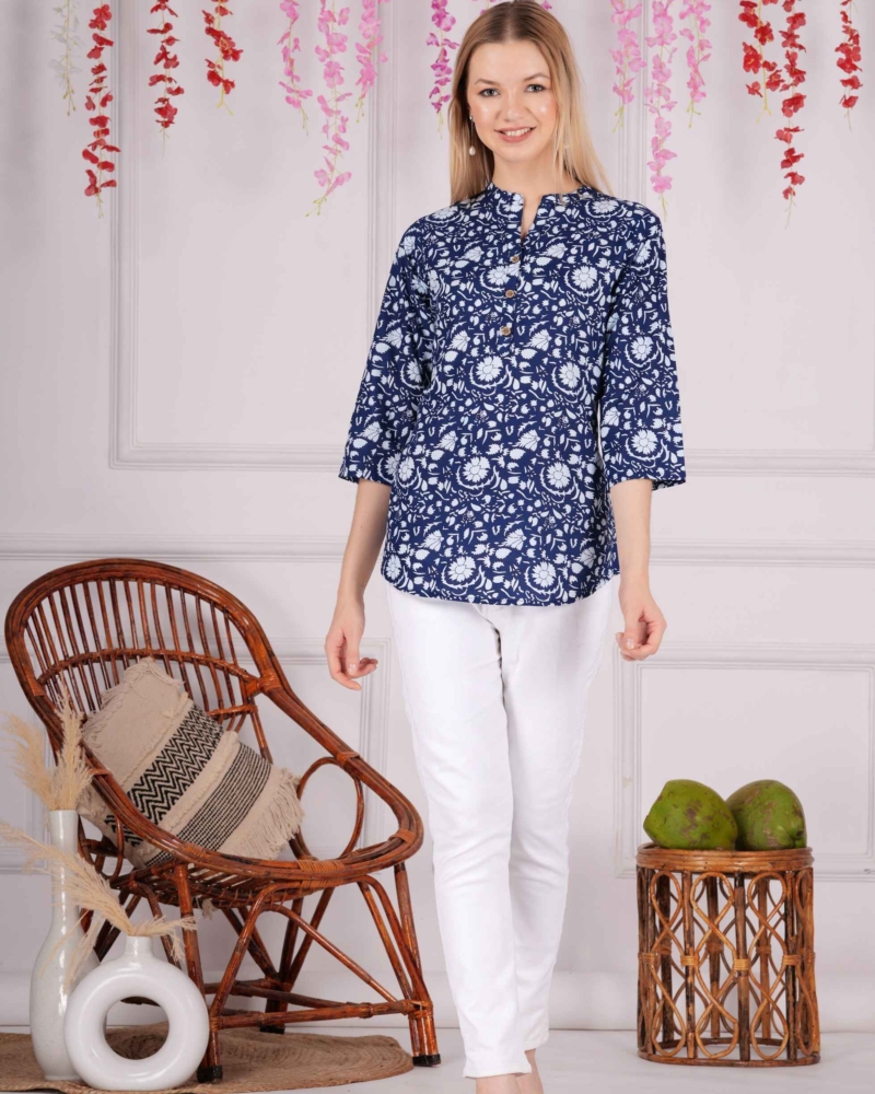 Ethnic Cotton Printed Pattern Blue Straight Top - Image 4