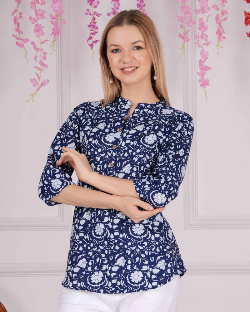 Ethnic Cotton Printed Pattern Blue Straight Top - Image 2