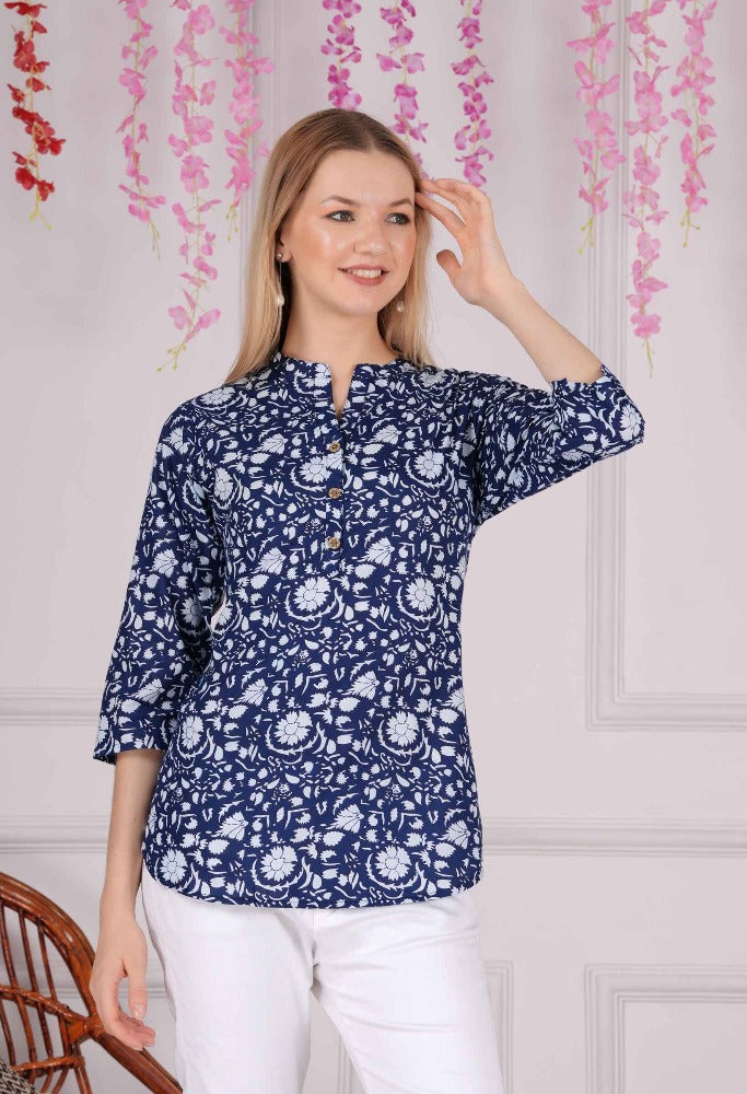 Ethnic Cotton Printed Pattern Blue Straight Top