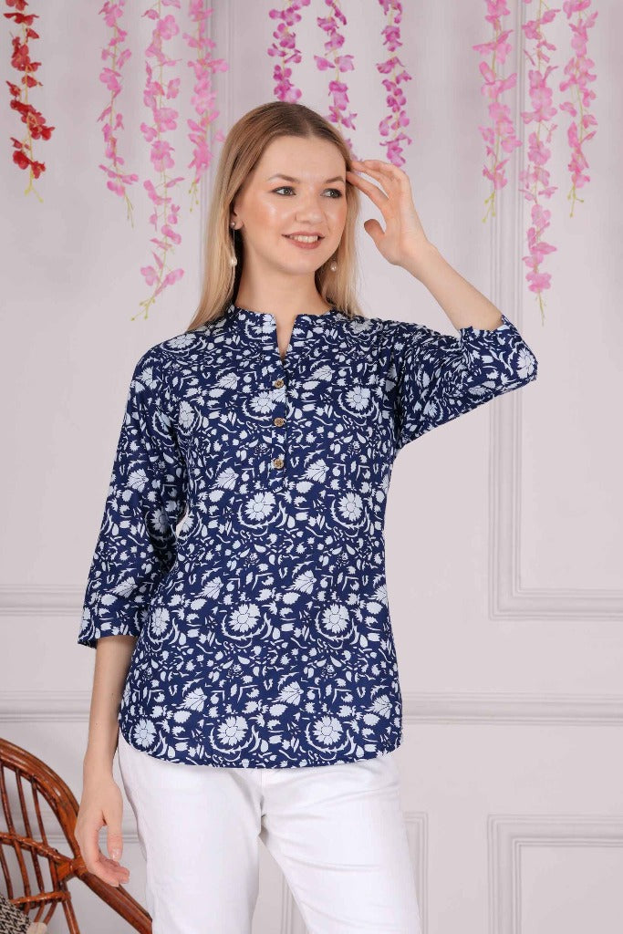 Ethnic Cotton Printed Pattern Blue Straight Top