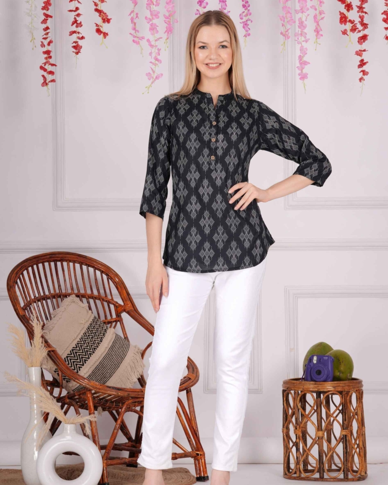 Ethnic Cotton Printed Pattern Black Straight Top - Image 5