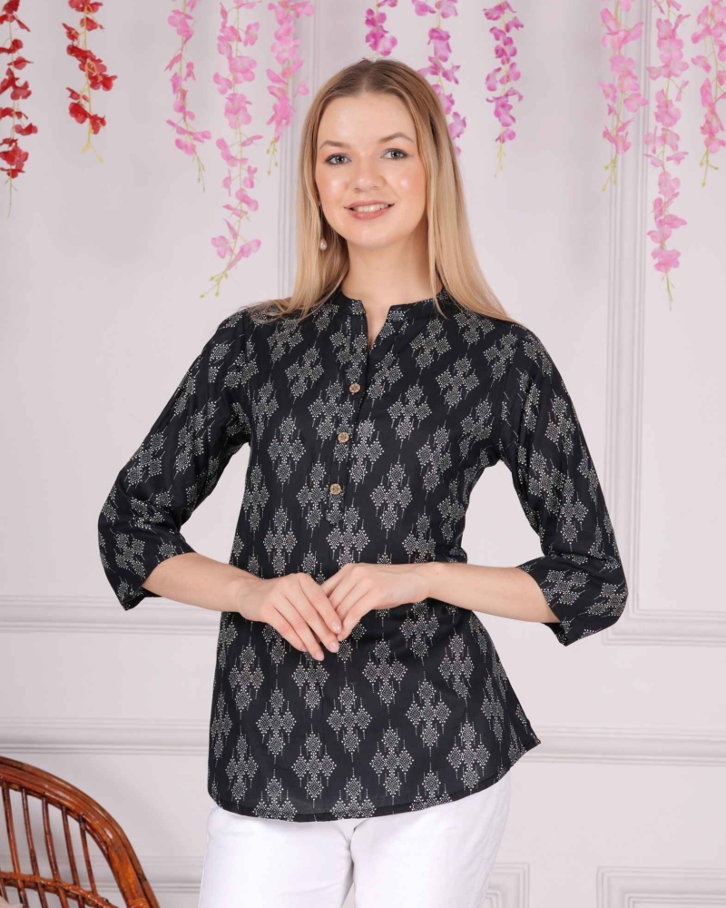 Ethnic Cotton Printed Pattern Black Straight Top - Image 3