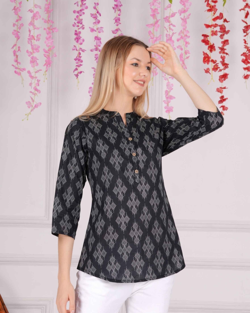 Ethnic Cotton Printed Pattern Black Straight Top - Image 2