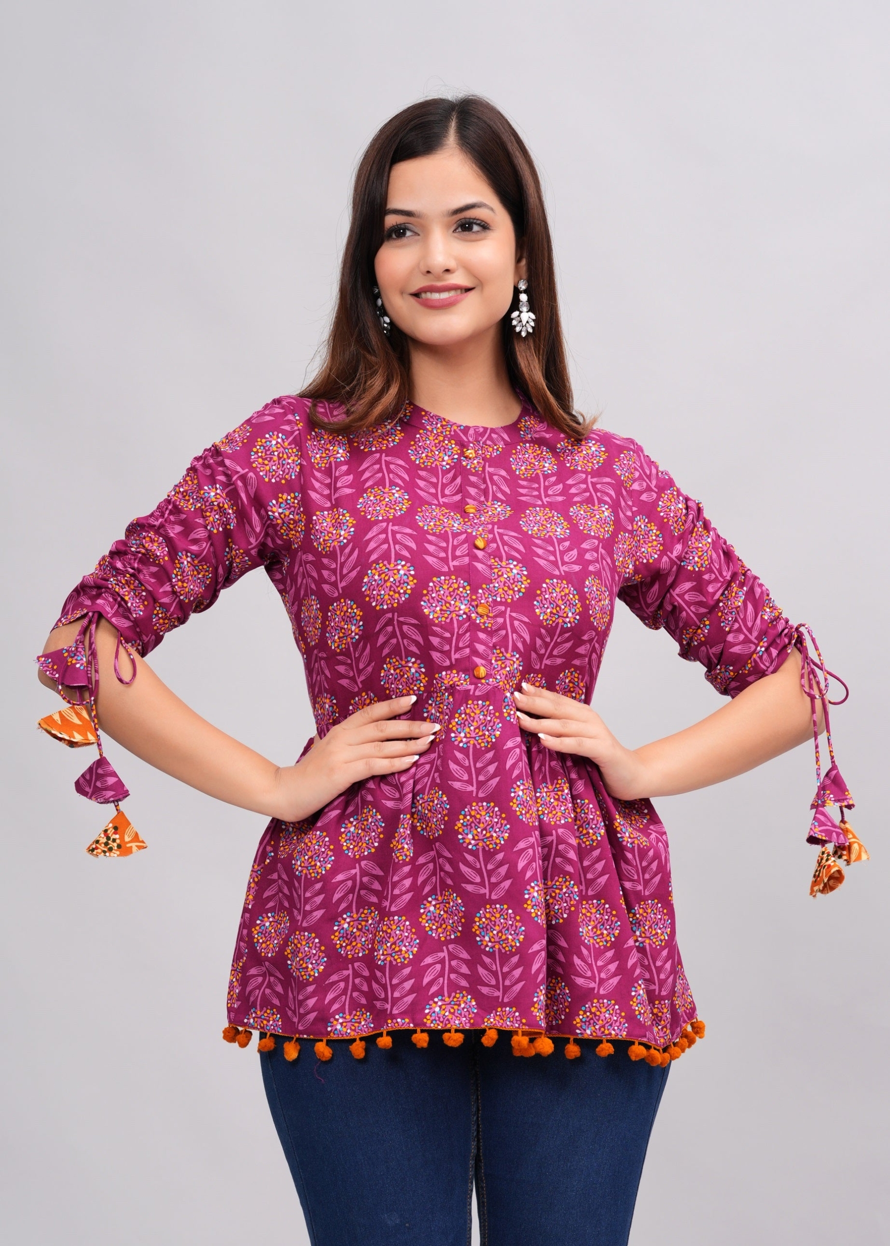 Women’s Cotton Printed Purple Casual Regular Wear Tops with Tasseles