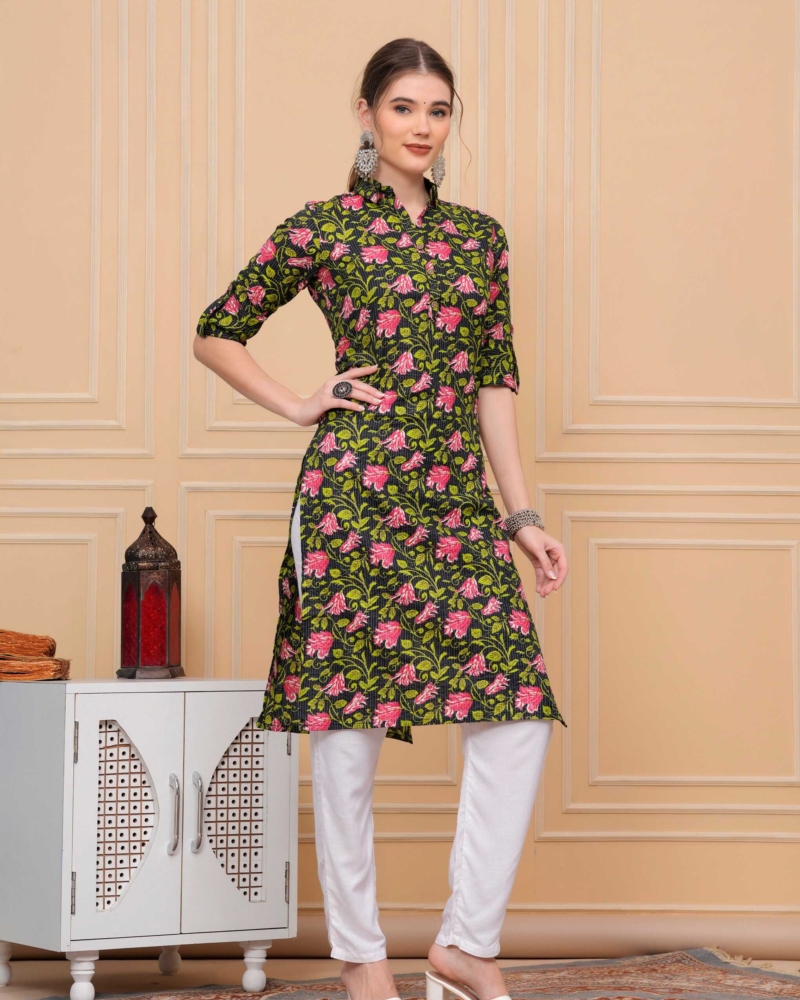 Pure Cotton Floral Printed Black Calf-Length Collar Kurti - Image 2