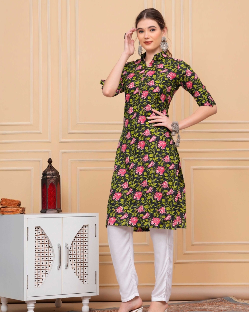 Pure Cotton Floral Printed Black Calf-Length Collar Kurti - Image 3