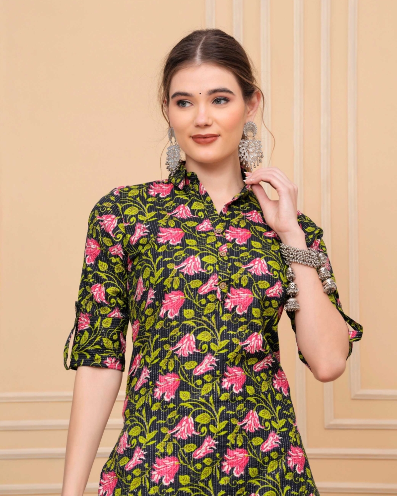 Pure Cotton Floral Printed Black Calf-Length Collar Kurti - Image 6