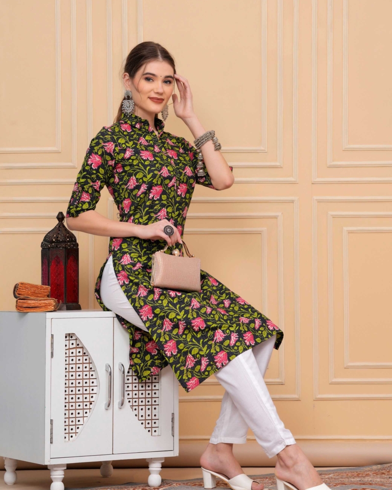 Pure Cotton Floral Printed Black Calf-Length Collar Kurti - Image 8