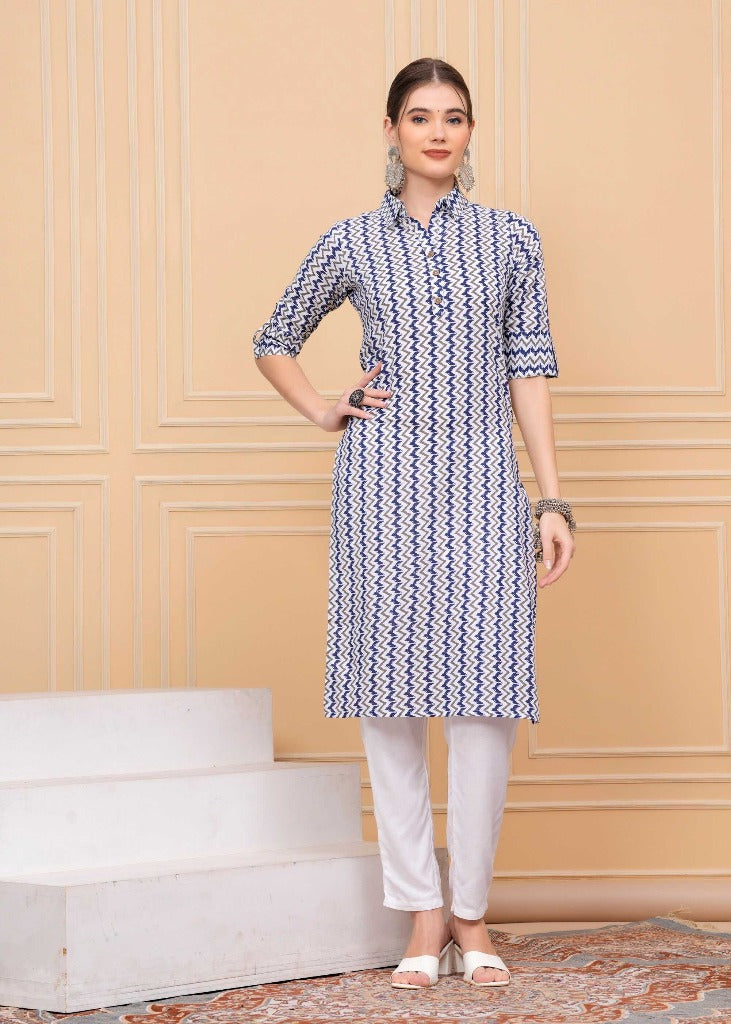 Pure Cotton Calf-Length Blue Printed Collar Kurti