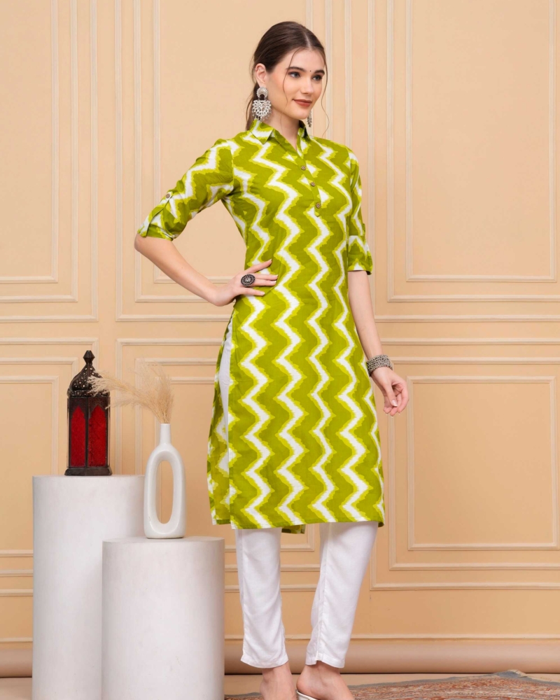 Pure Cotton Calf-Length Green Collar Kurti - Image 5