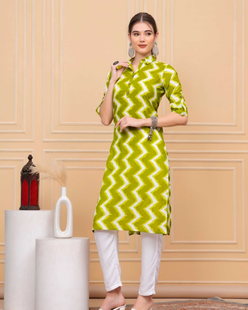 Pure Cotton Calf-Length Green Collar Kurti - Image 2