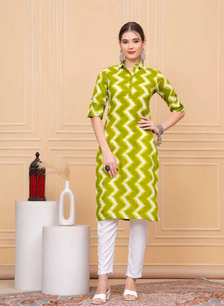 Pure Cotton Calf-Length Green Collar Kurti