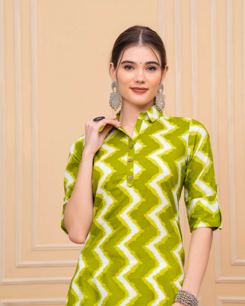 Pure Cotton Calf-Length Green Collar Kurti - Image 3