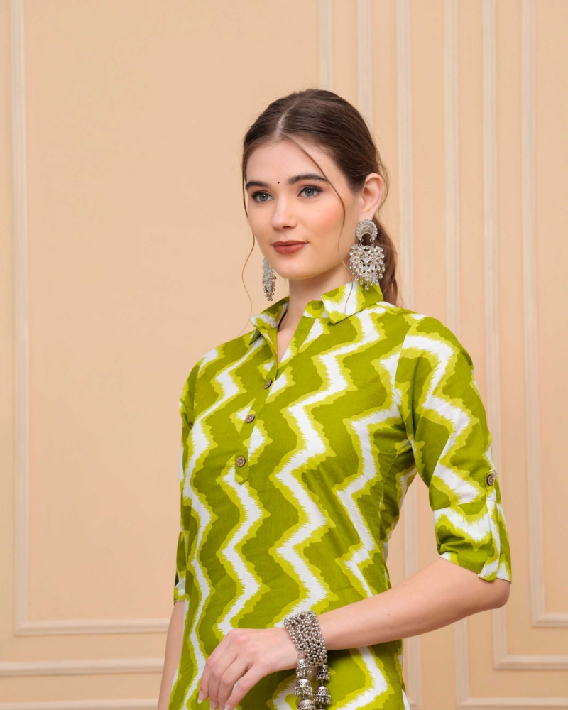 Pure Cotton Calf-Length Green Collar Kurti - Image 4