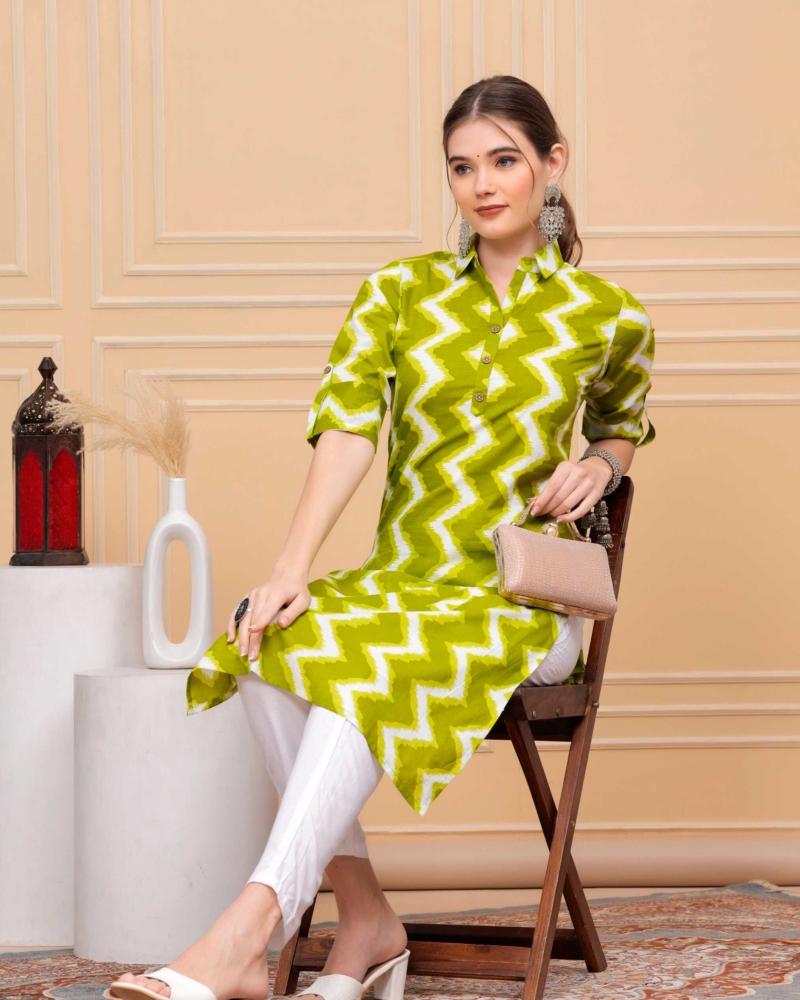 Pure Cotton Calf-Length Green Collar Kurti - Image 8