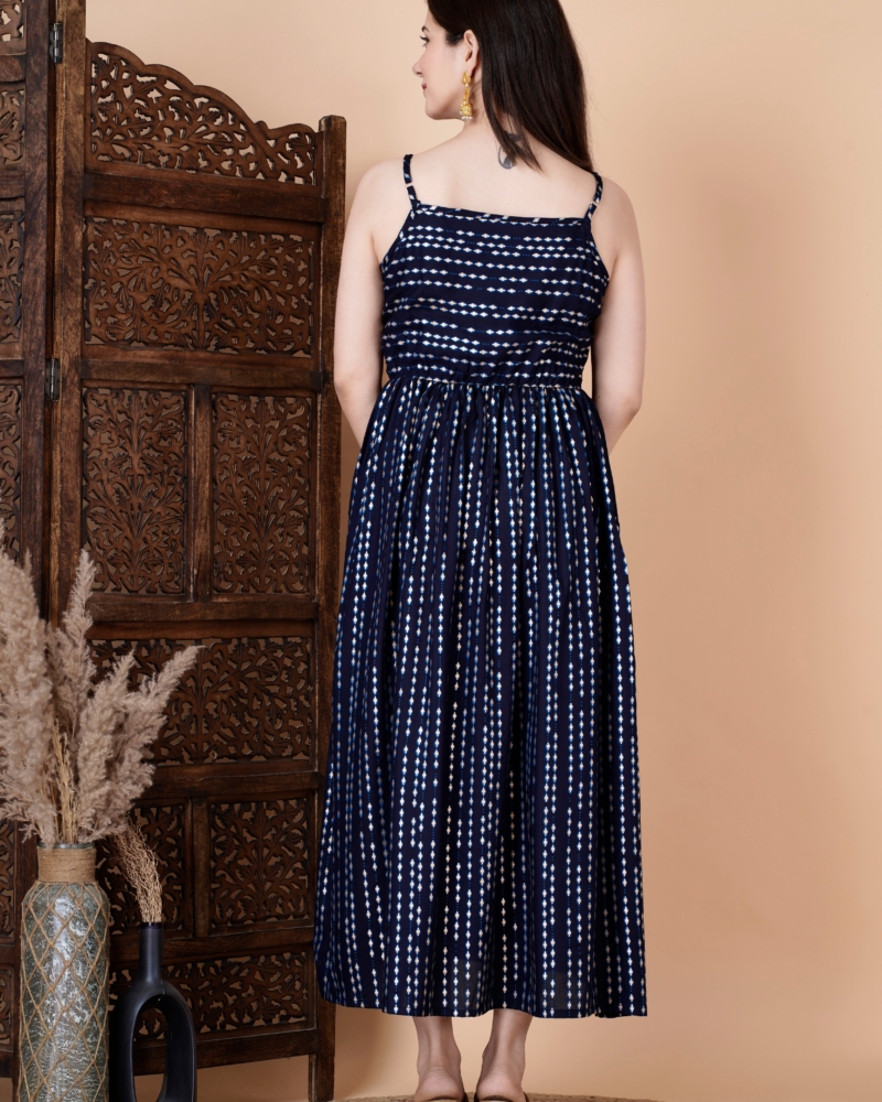 Rayon Round Designer Neck Sleeveless Long Mexi polka dot printed Navy Blue Dress - Image 2