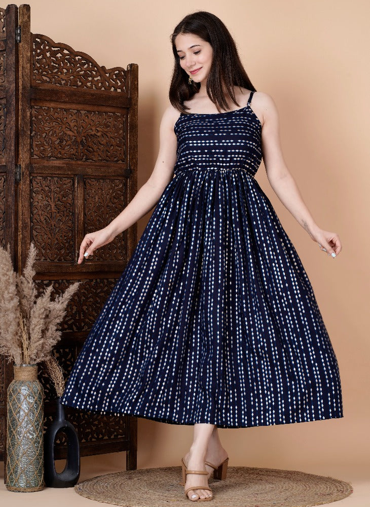 Rayon Round Designer Neck Sleeveless Long Mexi polka dot printed Navy Blue Dress