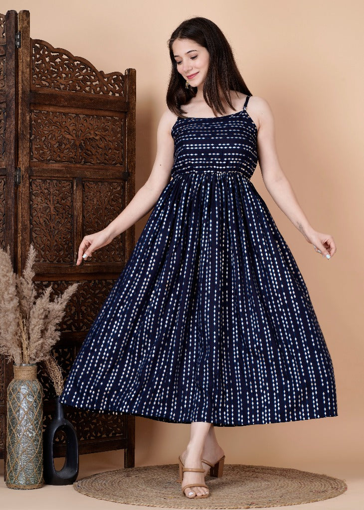 Rayon Round Designer Neck Sleeveless Long Mexi polka dot printed Navy Blue Dress