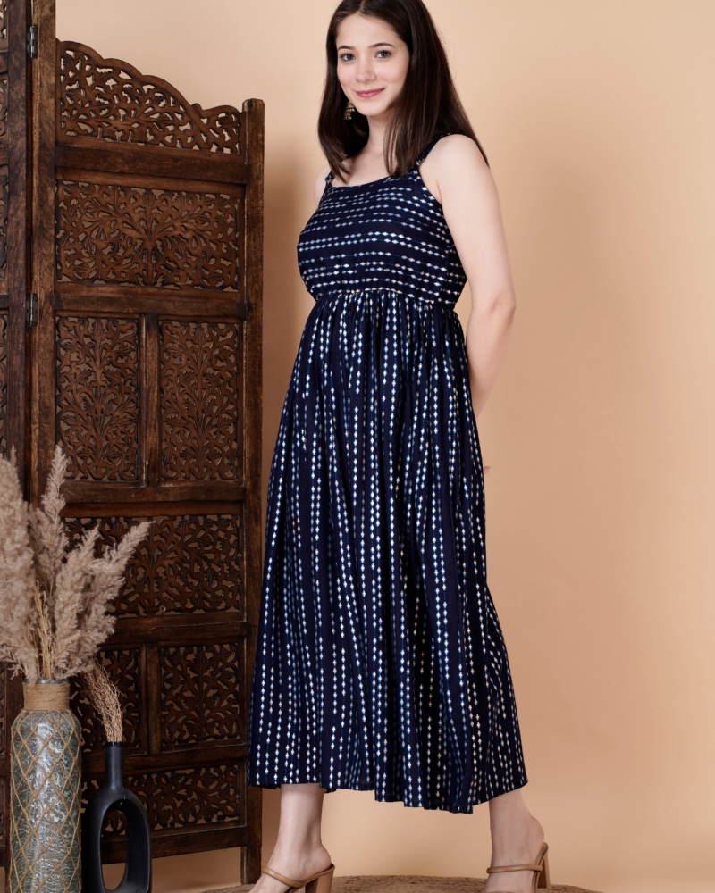 Rayon Round Designer Neck Sleeveless Long Mexi polka dot printed Navy Blue Dress - Image 3