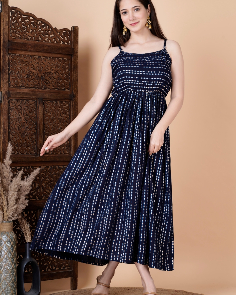 Rayon Round Designer Neck Sleeveless Long Mexi polka dot printed Navy Blue Dress - Image 5