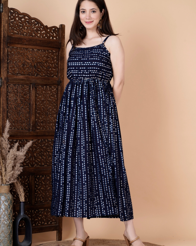 Rayon Round Designer Neck Sleeveless Long Mexi polka dot printed Navy Blue Dress - Image 6