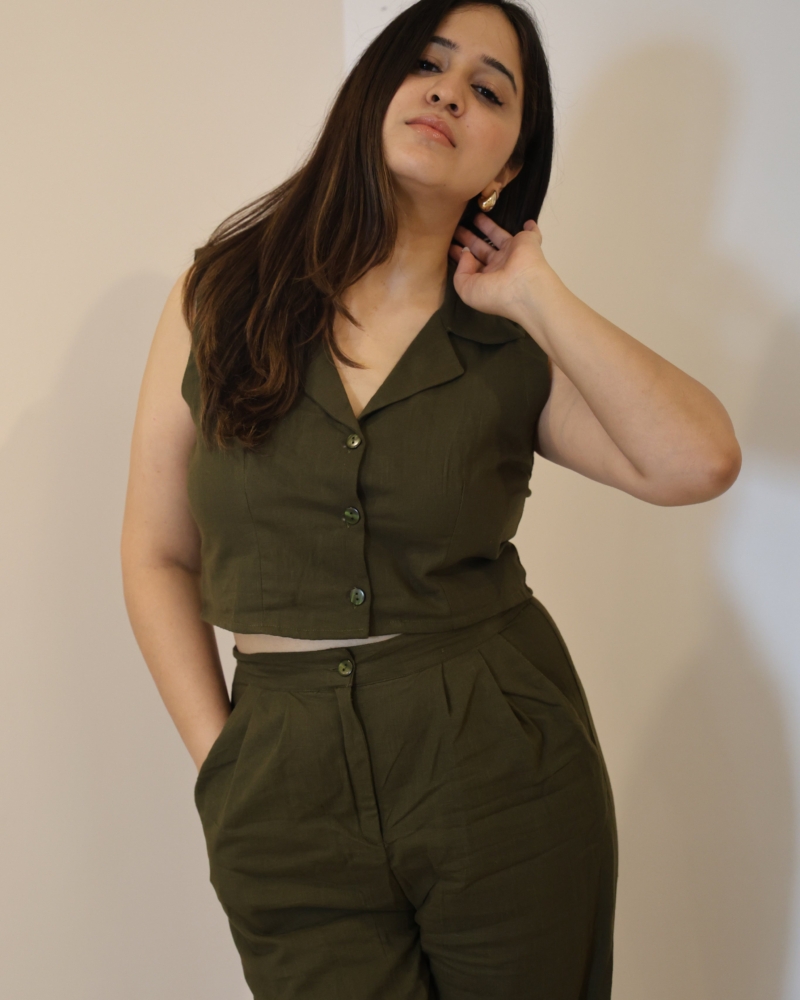 OLIVE GREEN LINEN COORD SET - Image 4