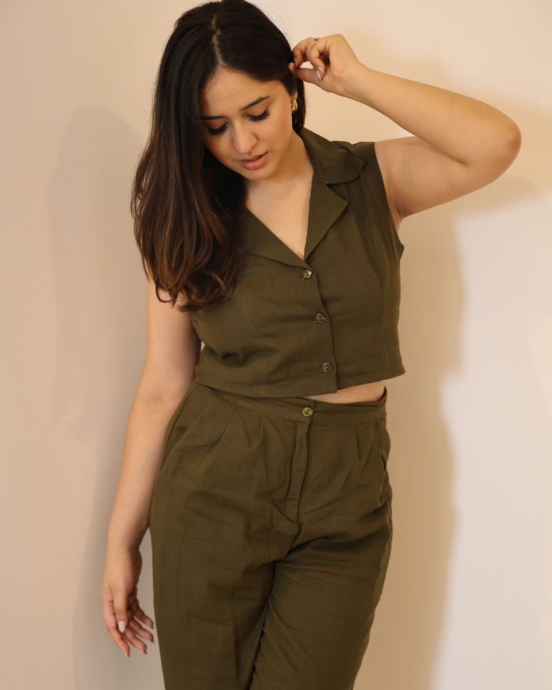 OLIVE GREEN LINEN COORD SET