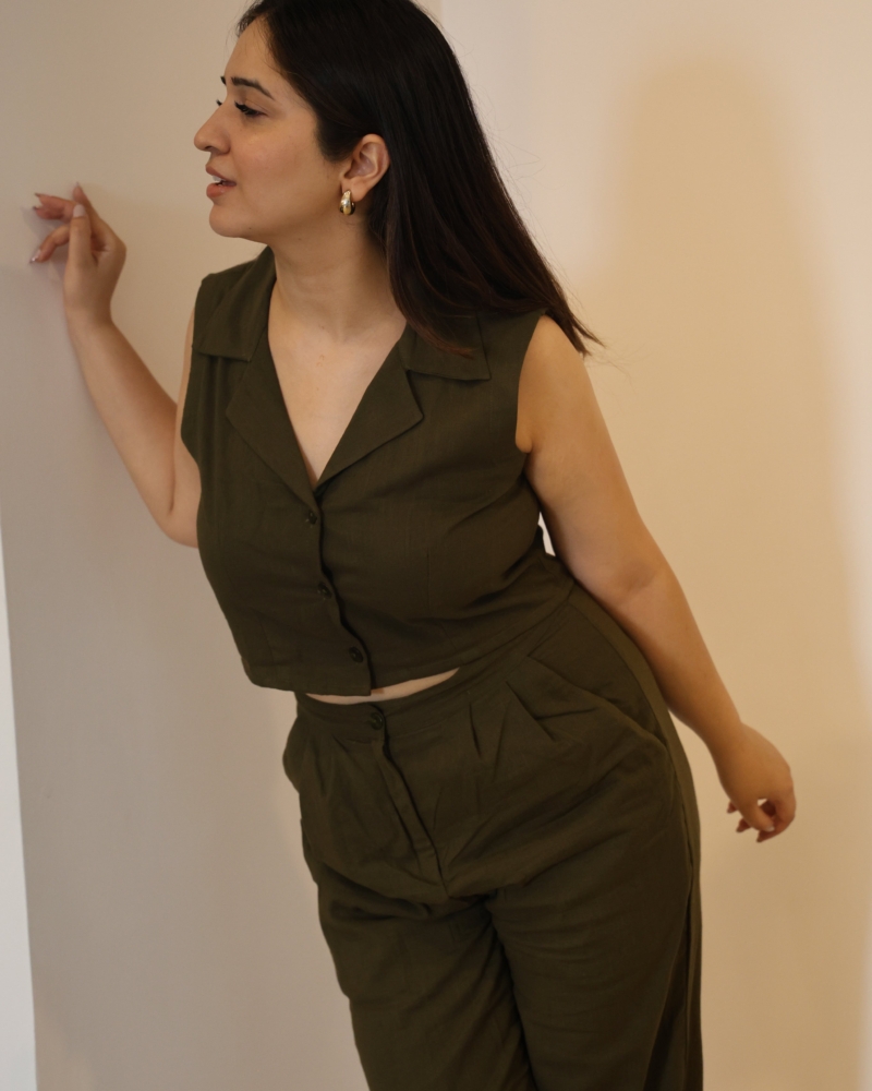 OLIVE GREEN LINEN COORD SET - Image 6