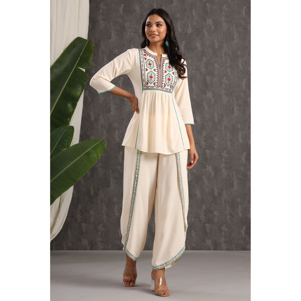 Juniper Ivory Rayon Embroidered Peplum Tunic Dhoti (Set Of 2)