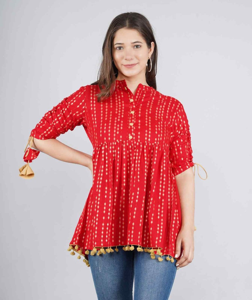 Women’s Cotton Red Polka Dot Print Casual Regular Wear Tops with Tasseles