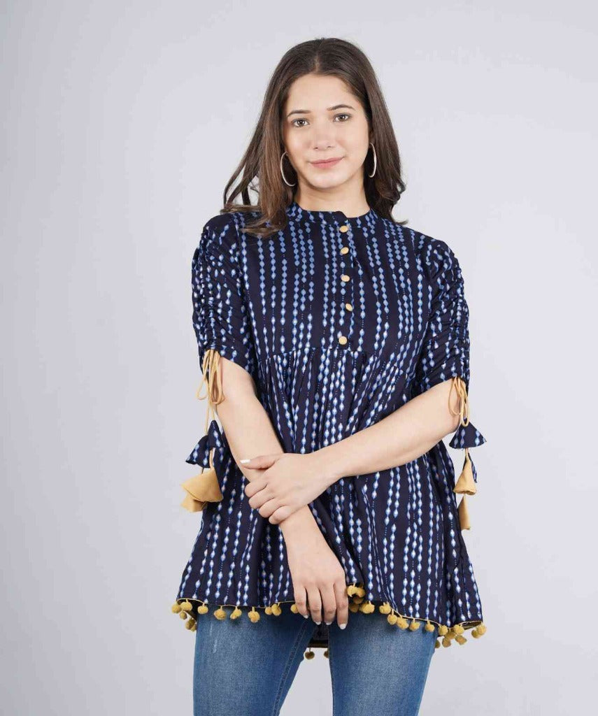 Women’s Cotton Navy Blue Polka Dot Print Casual Regular Wear Tops with Tasseles